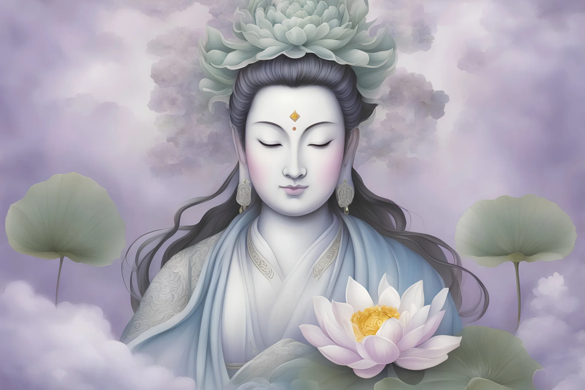 guanyin in the style of a chinese painting with lotus flowers and clouds in soft lavender, grey, white, green, and blue colors