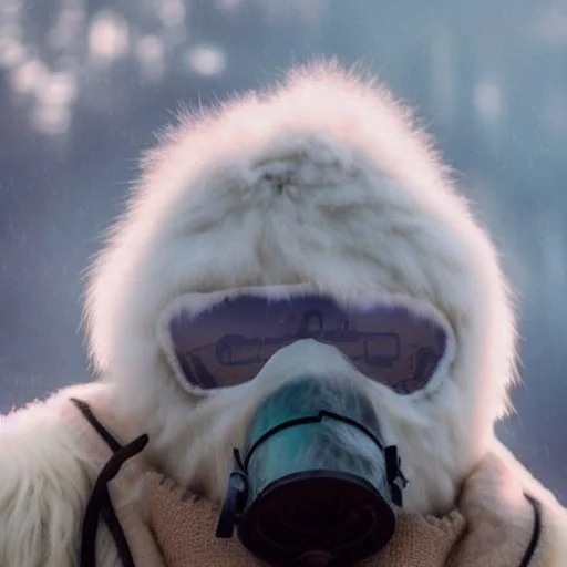 Yeti in a mask, background = (wildfires, mountains, fires, smoke, disaster)