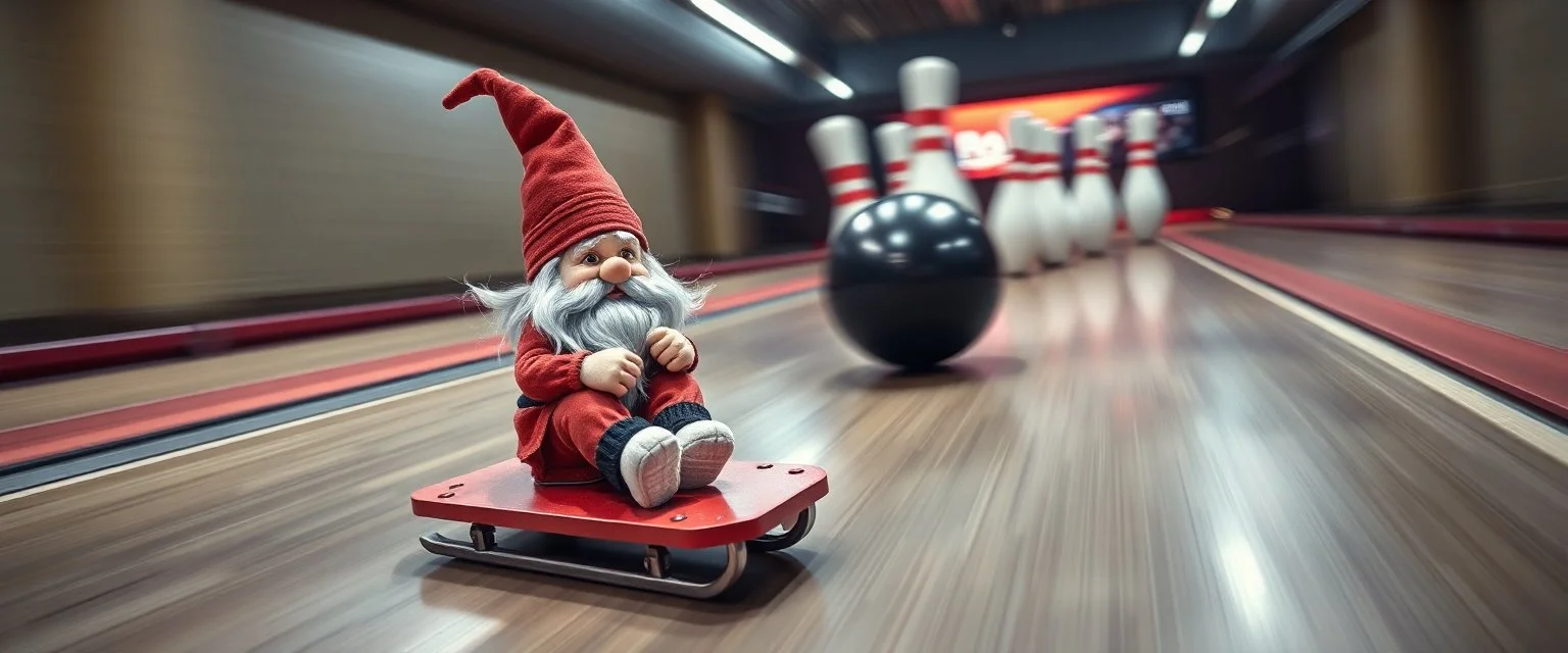 gnome on speeding on a sled in front of bowling ball heading for a strike, motion blur, heading for collision