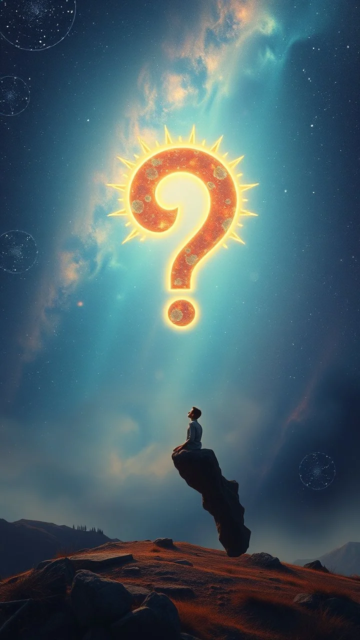 A serene, cosmic landscape with a floating figure contemplating a large, glowing question mark in the sky, symbolizing self-reflection and questioning the source of one's emotions. The cosmic backdrop hints at the vastness of the mind and the universe.