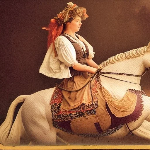 beautiful woman sitting on ultra-detailed carousel horse, 1800s, chiaroscuro lighting , 8k UHD, matte painting, illustration, renaissance, artwork, high-quality, intricate detail, rocco, greg rutowski, howard lyon, alphonse mucha