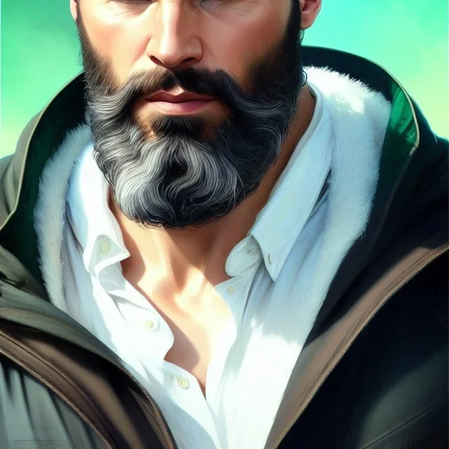 "MIddle aged white human male, with a trimmed but uneven beard, piercing green eyes with slick back hair,complete head and shoulders portrait, 8k resolution concept art portrait by Greg Rutkowski, Artgerm, WLOP, Alphonse Mucha dynamic lighting hyperdetailed intricately detailed Splash art trending on Artstation triadic colors Unreal Engine 5 volumetric lighting Splash art fantasy"