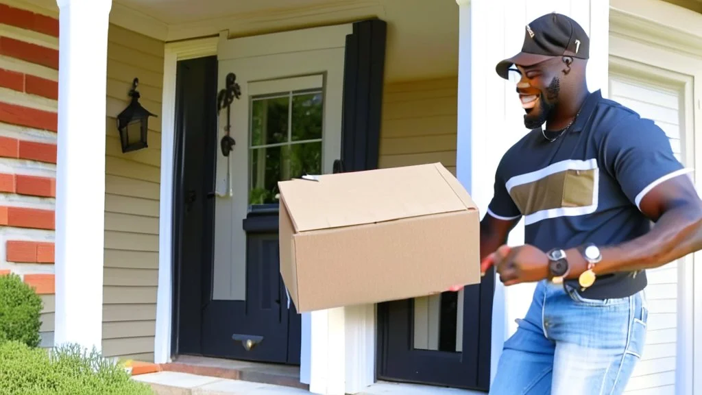 Tyrone suspiciously takes small delivered package from porch