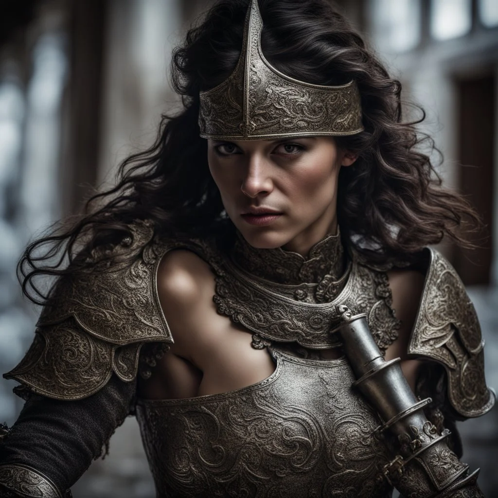 Behold the powerful alluring and pretty portuguese knight woman, her body adorned with the traditional knight armor, HDR, beautifully shot, hyperrealistic, sharp focus, 64 megapixels, perfect composition, high contrast, cinematic, atmospheric, moody