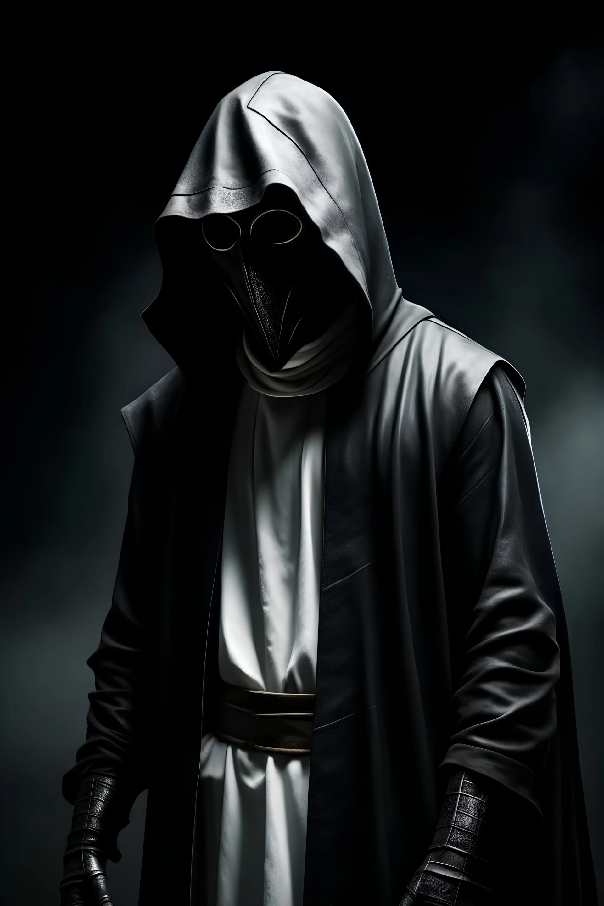 a mysterious stranger wearing a full face black mask, white hooded cloak and leather armor, full body