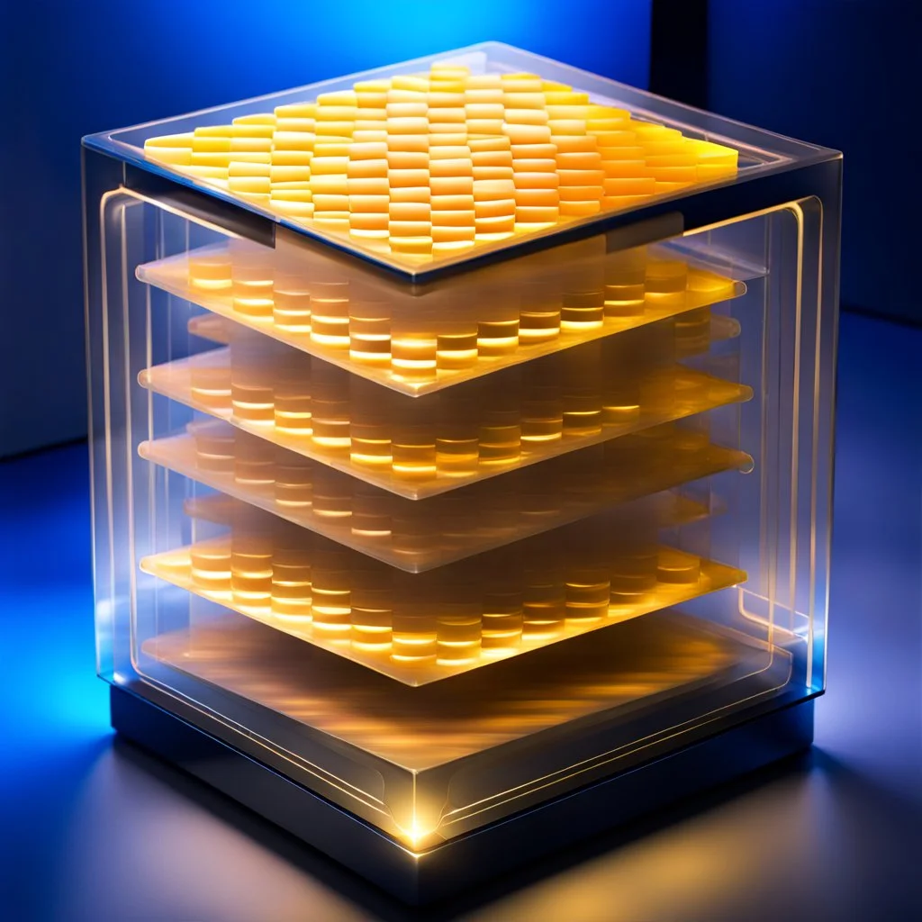 a futuristic translucent neurocube, inside the cube there are partitions made of honeycomb plates