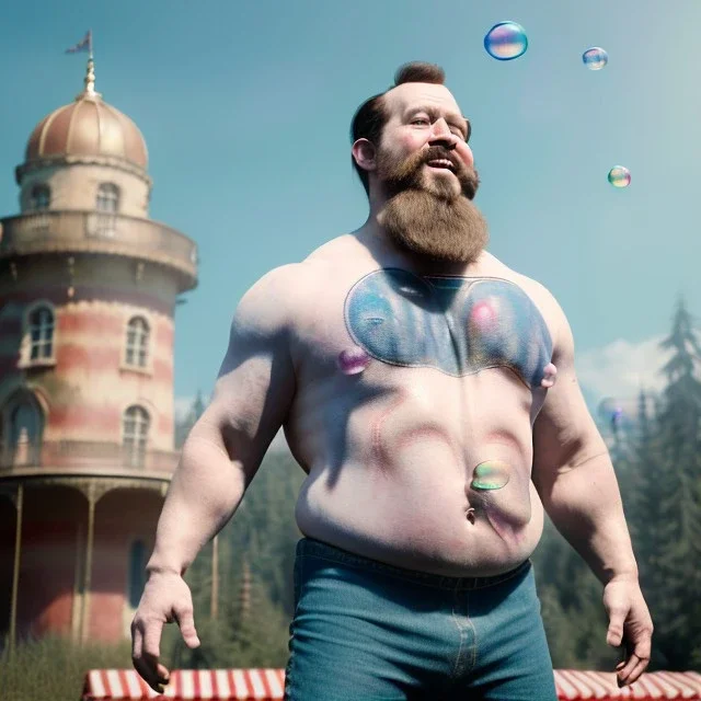 Ultra realistic circus scene. Classic Naked strongman, waist up view, old school tattoo, Wes Anderson style, happy, bubbles, butterflys, highly detailed, concept art, unreal engine 5, god rays, ray tracing, RTX, lumen lighting, ultra detail, volumetric lighting, 3d, finely drawn, high definition, high resolution.