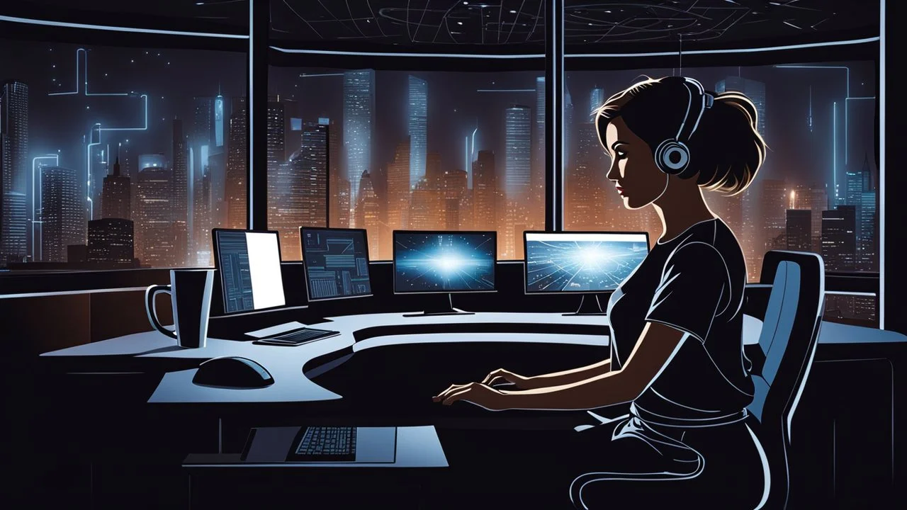 The image portrays a brown short hair woman sitting in front of her computer at night in t-shirt. She working in dark in a futuristic, hightech office. Pale lights, She appears to be focused on the task at hand. Her silhouette illuminated by the light of the monitor. There are multiple coffeecups on the desk, blur futuristic office background with pale light, realistic, deep colors, high detailed, sharp focus, perfect shot, professional photo