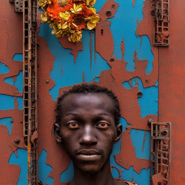 an abstract painting of rusted metal and flowers, african man portrait, rust, scaffolding, iron cladding, decay, mixed media, textured, anatomically correct, beautiful perfect face, sharp focus, highly detailed,new york slums, apartment building ,rundown, realistic, unity engine, bloom,cinematic lighting,blue tone, octane render,