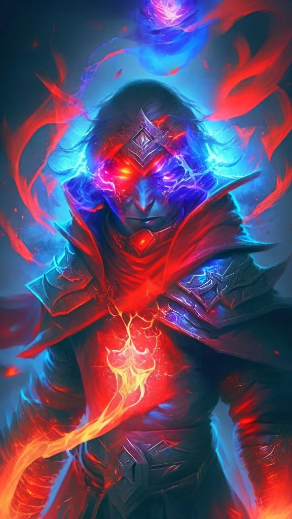 battle mage with red glowing eyes and fiery red aura