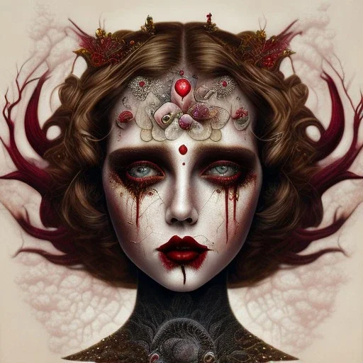 singer Danish MØ face, style surrealism by <Mark Ryden>, blood, guts, darkred tones,