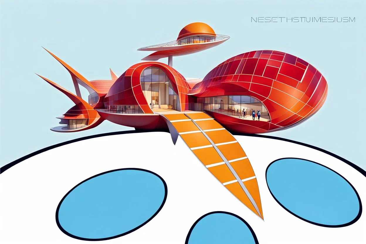 Architectural drawing of a Neofuturistic art museum, (((isometry))), ultra quality, people, treets