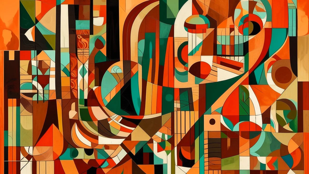 Earthy colors and bold geometric shapes in an expressionist pictorial composition.