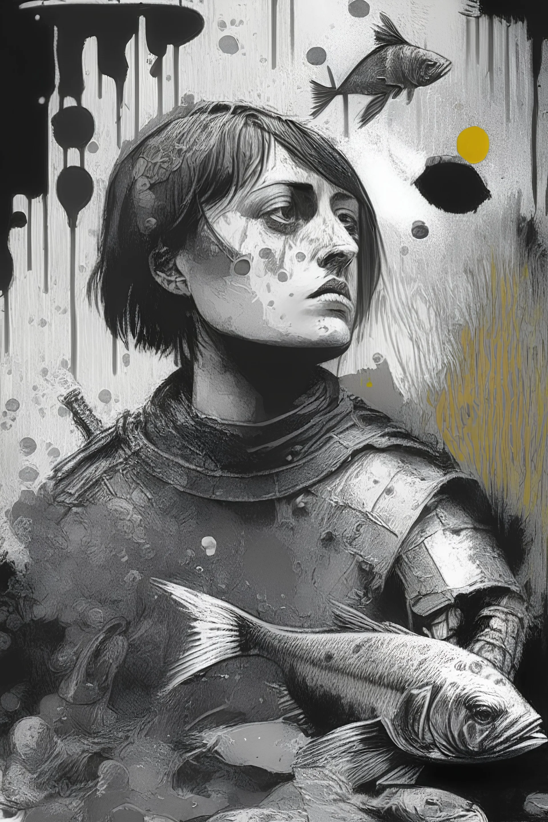 Au centre de l'image je voudrais Jeanne d'Arc en noir et blanc et autour beaucoup de couleurs avec des poissons, des déchets, des tâches de peinture, des bulles de bd, des poilus de la première guerre mondiale