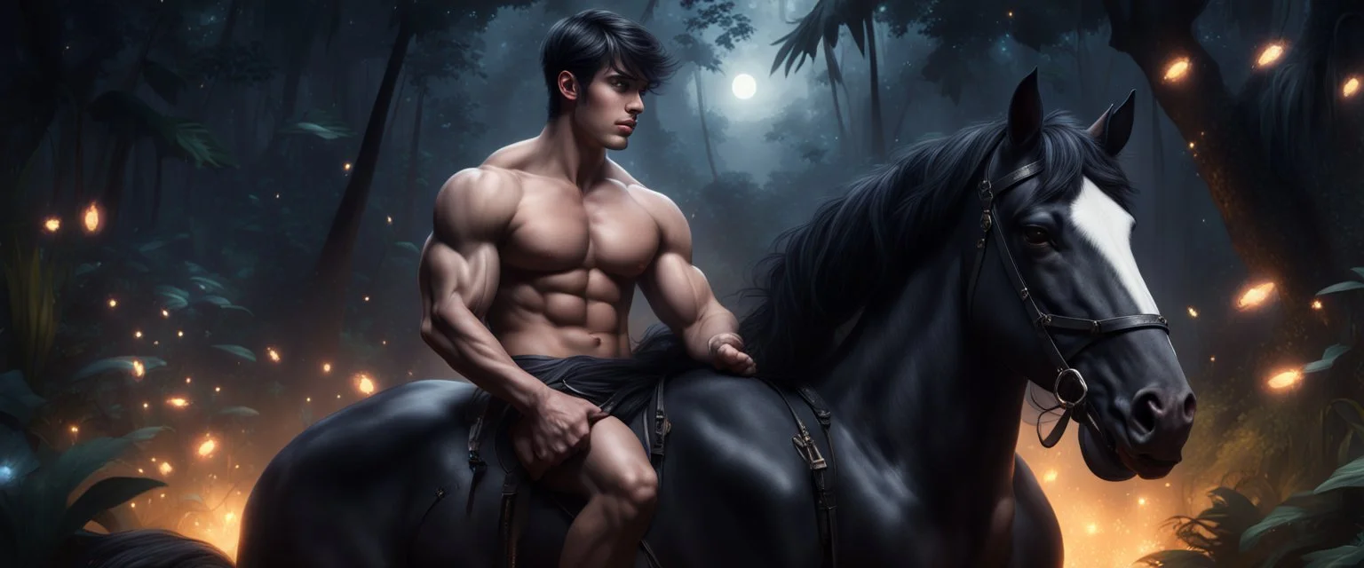 Hyper Realistic shirtless handsome muscular prince with short black hair sitting on a black horse with white hair in a dark jungle with fireflies at a dark night