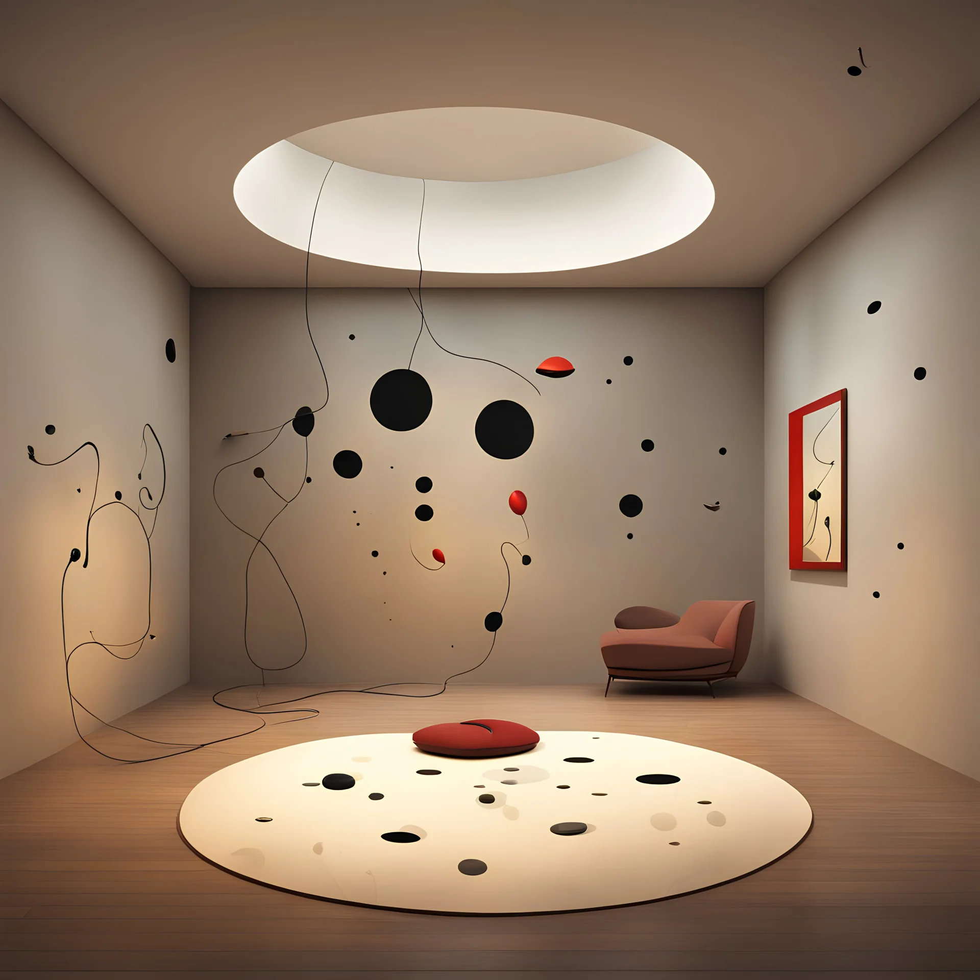 Extinguished by light turn on the night, turning the inside out, Style by Joan Miro,by Amir Zand, design masterpiece, sharp focus, muted colors, smooth, sci-fi large room