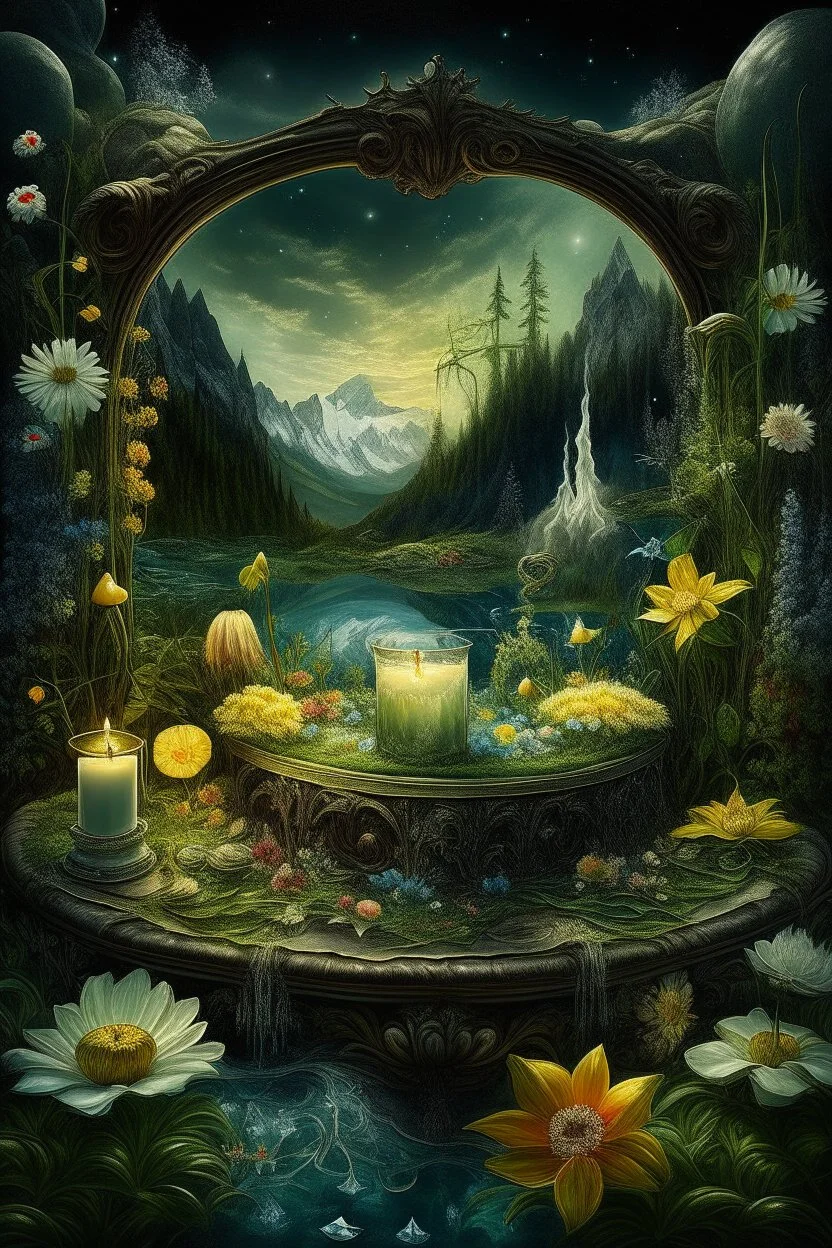 Hyperrealism against the background of a spring landscape in the forest +mirror with a tsunami whirlpool +mountains +ritual +candles+dried flowers+wildflowers+moss++decoupage of flowers+embroidery technique+braided beads+vine+moonlit night,fabulous landscape,surrealism,realism,naturalism,dot technique,microdetalization,high detail objects,digital illustration,volumetric clarity,dark fantasy,dark botanical, professional photo