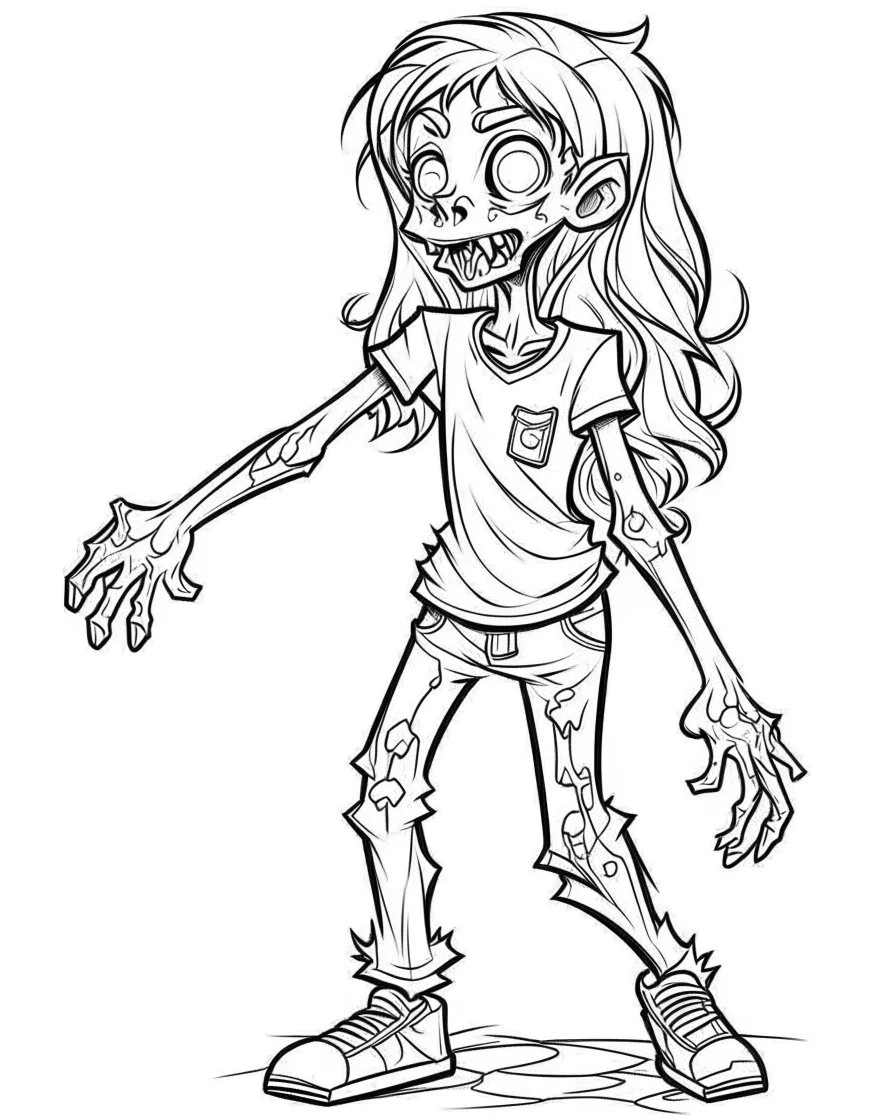 cartoon girl zombie, coloring image, full body (((((white background))))), only use an outline., real style, line art, white color, clean line art, white background, Sketch style