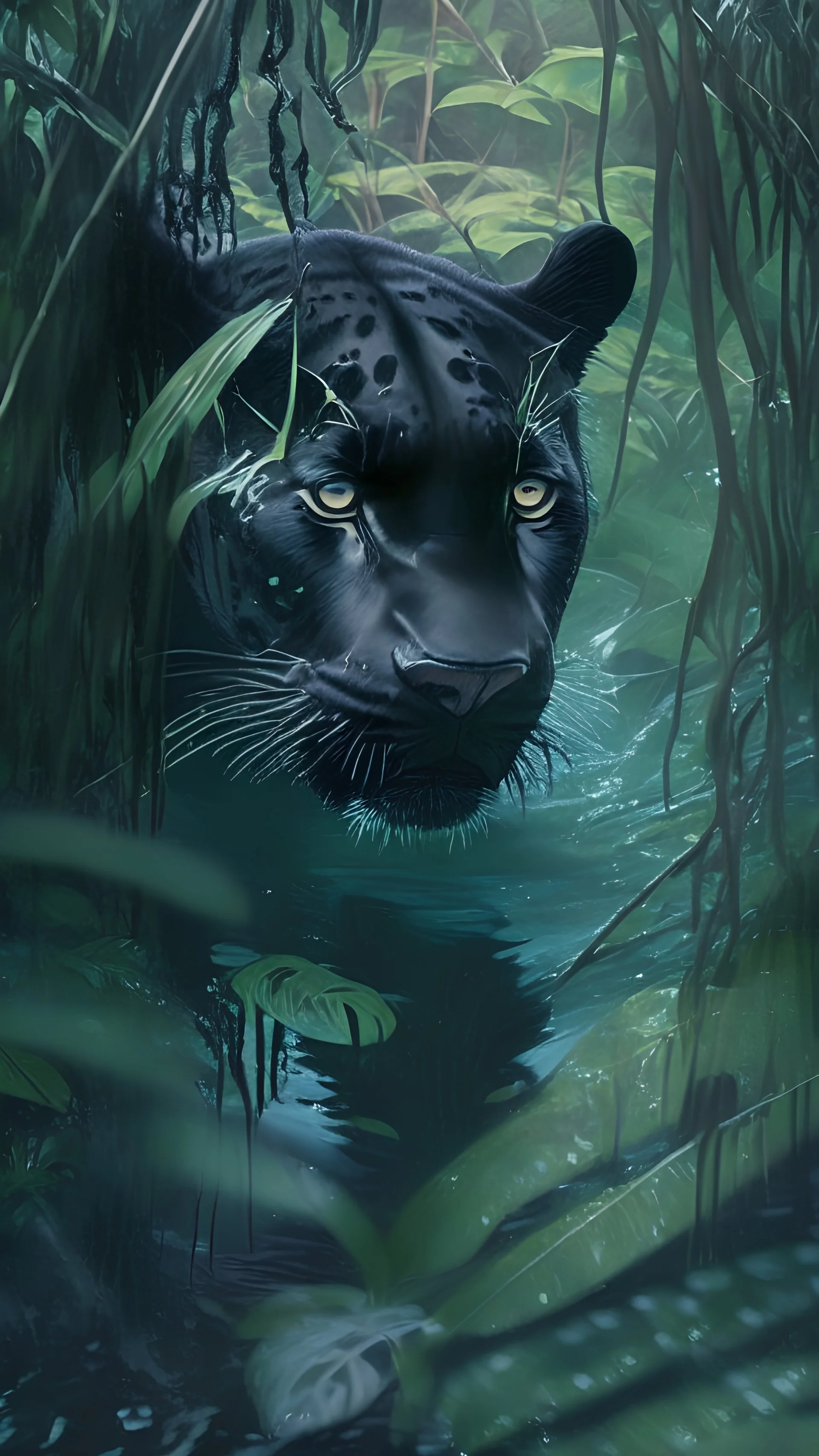 A black panther looking down in water inside a jungle.