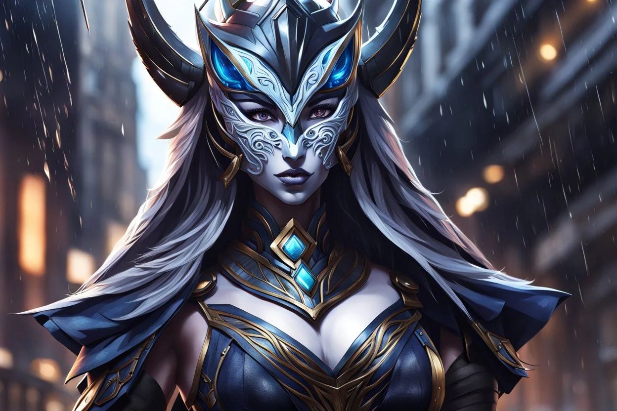 kindred with her mask in 8k anime realistic drawing style, ronin custom , close picture, rain, apocalypse, intricate details, highly detailed, high details, detailed portrait, masterpiece,ultra detailed, ultra quality