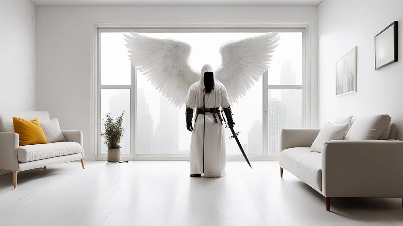 [art by Slipknot] angels with the powerful sword of repentance in a small, cozy apartment in NYC. The walls are painted white, the floors are polished and the furniture is simple and functional. Uriel, the angel of repentance