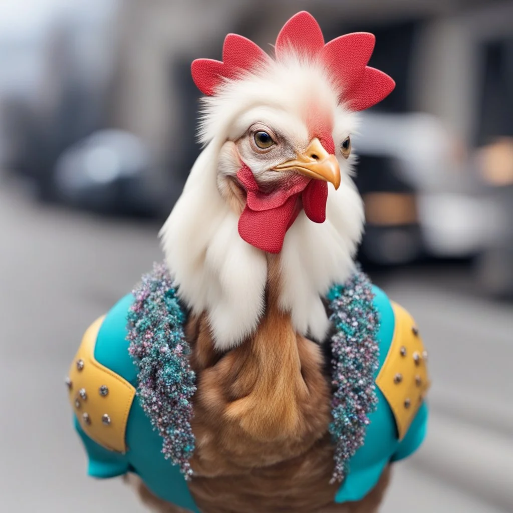 ✨ Check out this fabulous chicken! Isn’t she a showstopper? With her stylish outfit and glamorous look, she’s proving that chickens can be just as chic as anyone else!