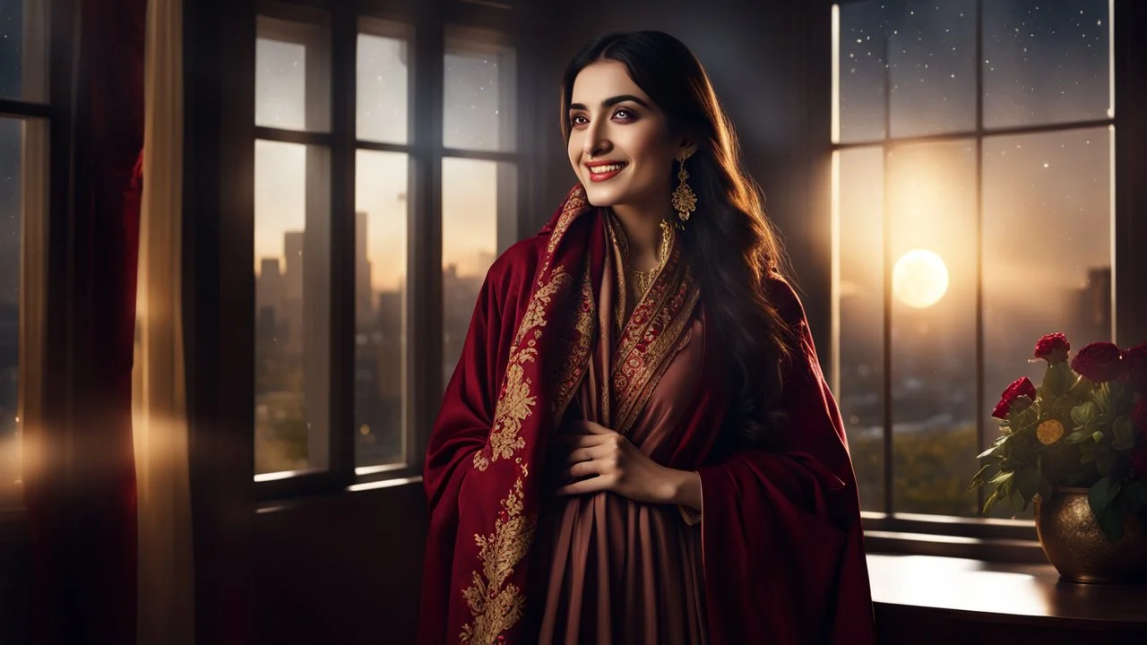 Hyper Realistic Photographic View Of A Gorgeous Pashto Young Woman (Wearing Long Maroon Coat With Golden Dress With Maroon Embroidery & Wearing Golden Scarf On Her Neck) Alone Happily Standing & Smiling In Her Office Room With Her Beautiful Long Black Hair With Moonlight Rays Coming From A Fancy Window At Her Back, With A Little Garden View From Outside Window At Dark Night Showing Dramatic & Cinematic Ambiance.