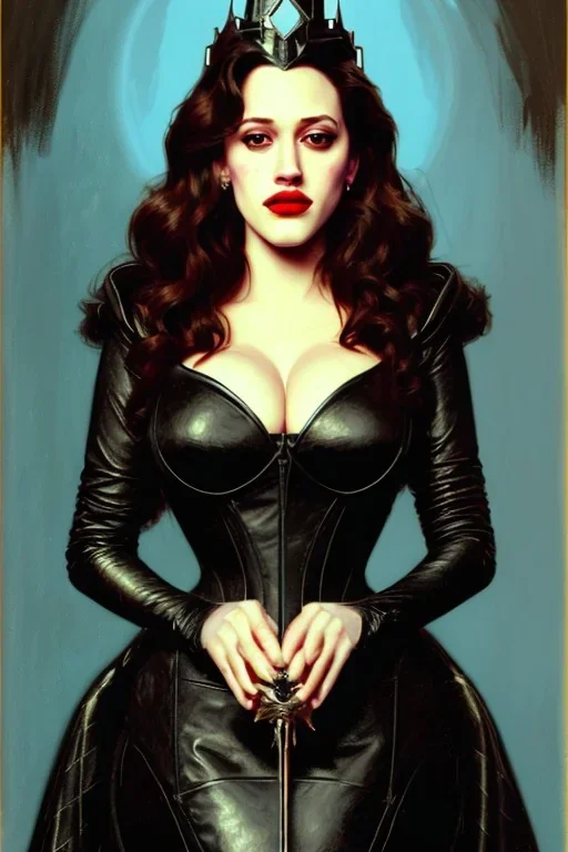 painting of kat dennings as evil queen in black leather gown, feminie, angry, stern look on her face, volouptous, busty, cleavage, emperious, mature, highly detailed, digital painting, artstation, concept art, smooth, sharp focus, illustration, art by gaston bussiere and alphonse mucha