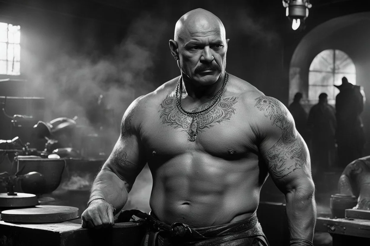 [very impressive high res masterpiece in Kodak Eastman 5247, scene by László Krasznahorkai] bald Charles Bronson as Vulcan covered with tattoos, the deity of hell and blacksmith of gods, in his smoky workshop, his hands are surrounded by an aura of power