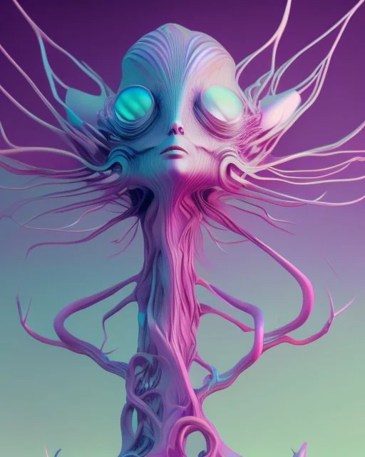 an ethereal and pastel alien creature, with shifting limbs and slender composition, is climbing through a strange wild landscape , highly polished, chrome airbrush style, dreamlike composition, color penciling color palette, surrealistic retro-futurism, rotoscoping, psychedelic aesthetic, metaphysical, highly detailed, arthur lismet, artstation, 1960s psychedelic drawing with art nouveau motifs, munch, vibrant, extra terrestrials art, vintage , anime