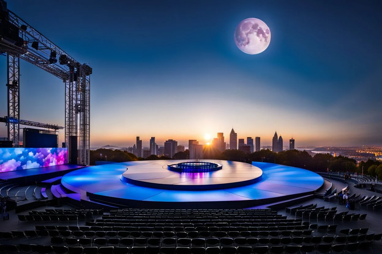 a big open disko stage in modern city center environment , at distance,blue sky pretty clouds ,night,moon light .