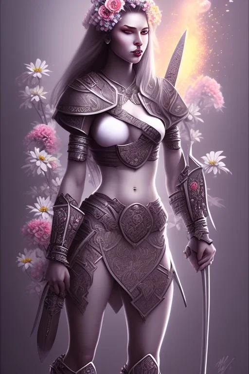 lady warrior with white top and flowers