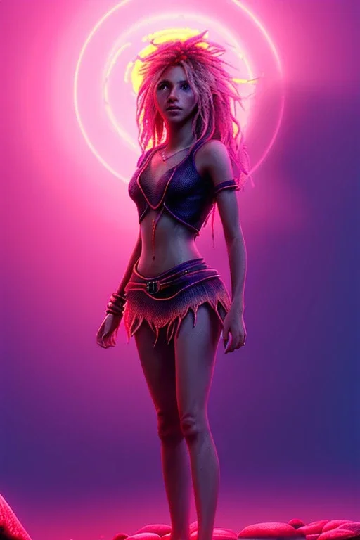 Shakira, artist, 30 years old, Realistic image, waist up portrait, etro style dress. Blonde, feathers, loose long hair, eyes make up, perfect, glow, circle iris. Neon colors, leds, geometric shapes. Dark background, photo studio, neon lights. Cyberpunk, concept art, smooth, unreal engine 5, god lights, ray tracing, RTX, lumen lighting, ultra detail, volumetric lighting, 3d, finely drawn, high definition, 4k.