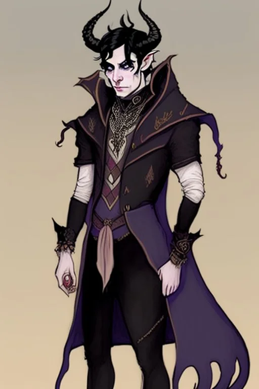 Young tiefling nobleman alchemist with black hair horns and large reptilian tail gothic jewelry in the style of Charles Addams