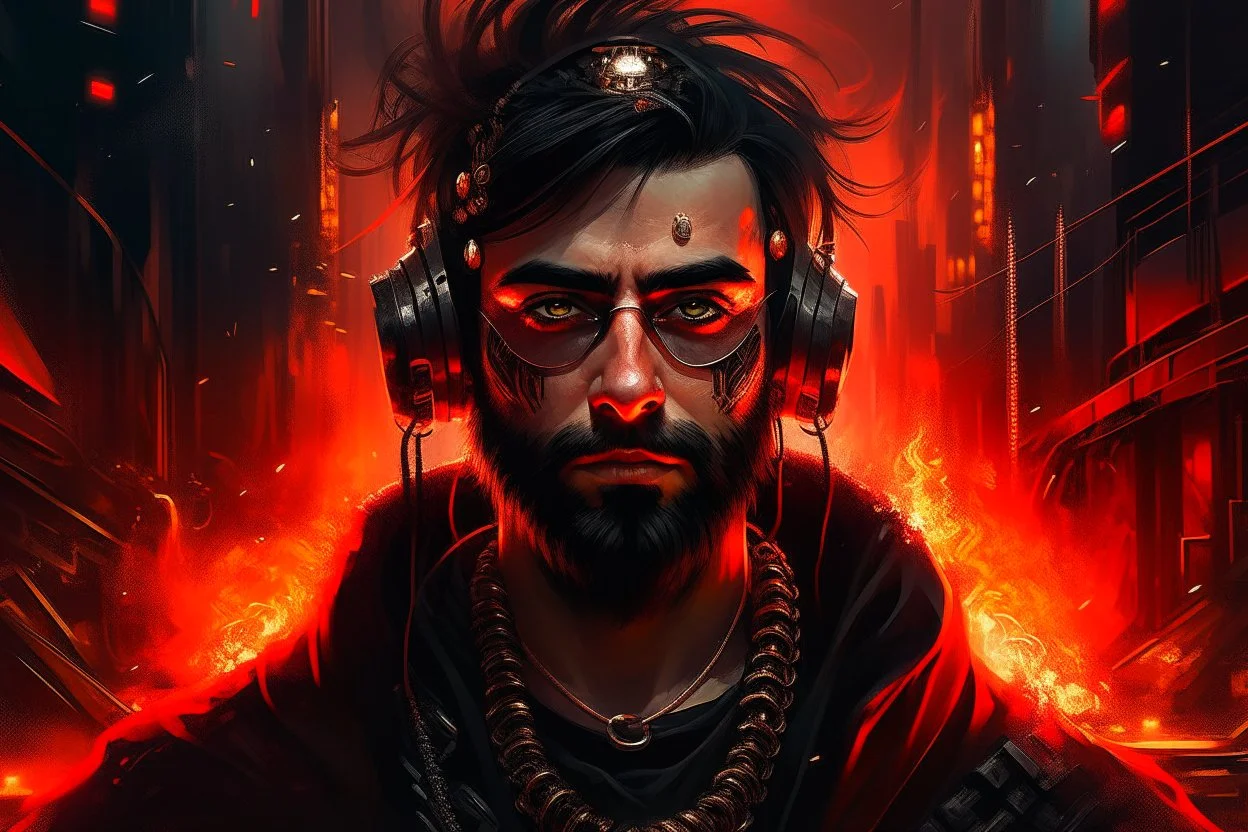 Portrait roi conquerant cyberpunk, cheveux noirs, barbe, yeux rouges, belgique en feu arriere plan