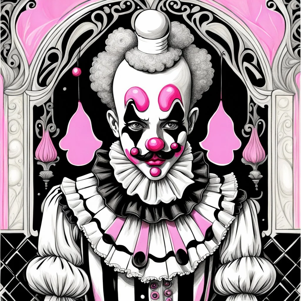 Storybook illustration of a Pierrot Clown, black and white with pink accents, Beardsely style, art nouveau elements, vintage drawing, pierrot vintage, black and white marble floor