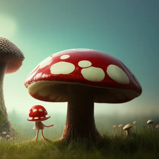 Mushroom head girl and mushroom house, unreal 5, octane render, cinema4d, redshift render, hyper realistic, cenematic, vibrancy, synthwave, retouch, centered, dynamic lighting, dramatic lighting, 4k, highly detailed, attractive beautiful, realistic, epic composition, holographic,