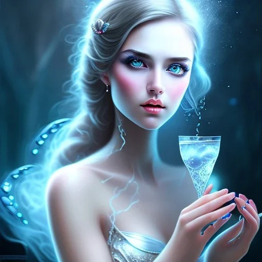 romantic fantasy spray painting, girl with delicate hand in ice water, goblet, eye patch