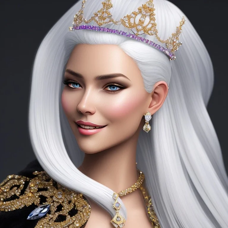 Ice Princess with white hair smilling, a crown with precious stones, bright background