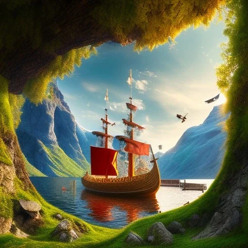 Nærøyfjorden Verdsarvpark, tree on a viking ship, in the style of pixar