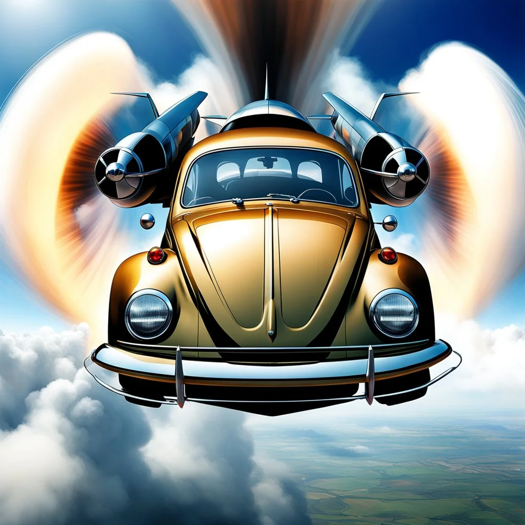 a high definition screen shot of a jet-fighter vw-beetle, retrofuturistic, phototrealism, in flight, one subject, should have wings with atleast one exposed jet on each wint or one coming throught thr front and center of the vehicle.