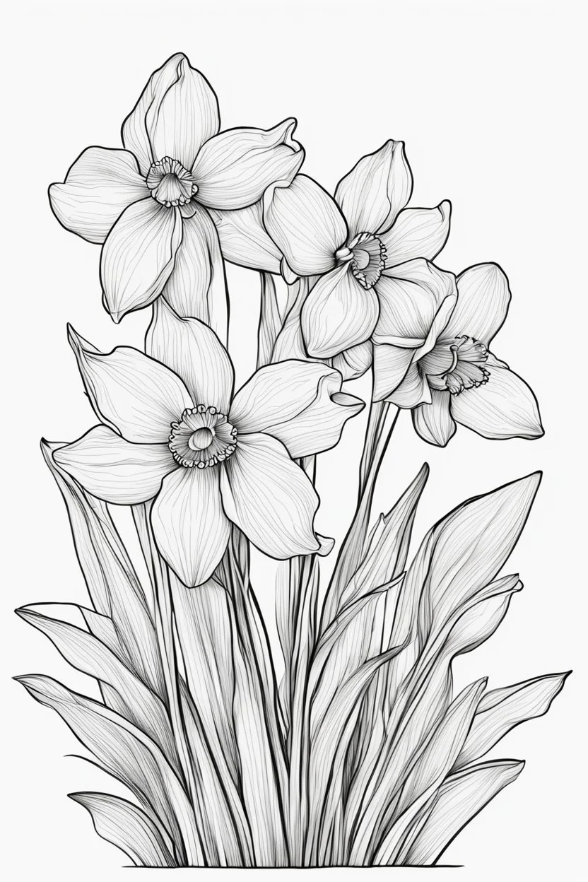 outline art for Spring: Daffodils, White background. sketch style, clean line art, white background, no shadow and clear