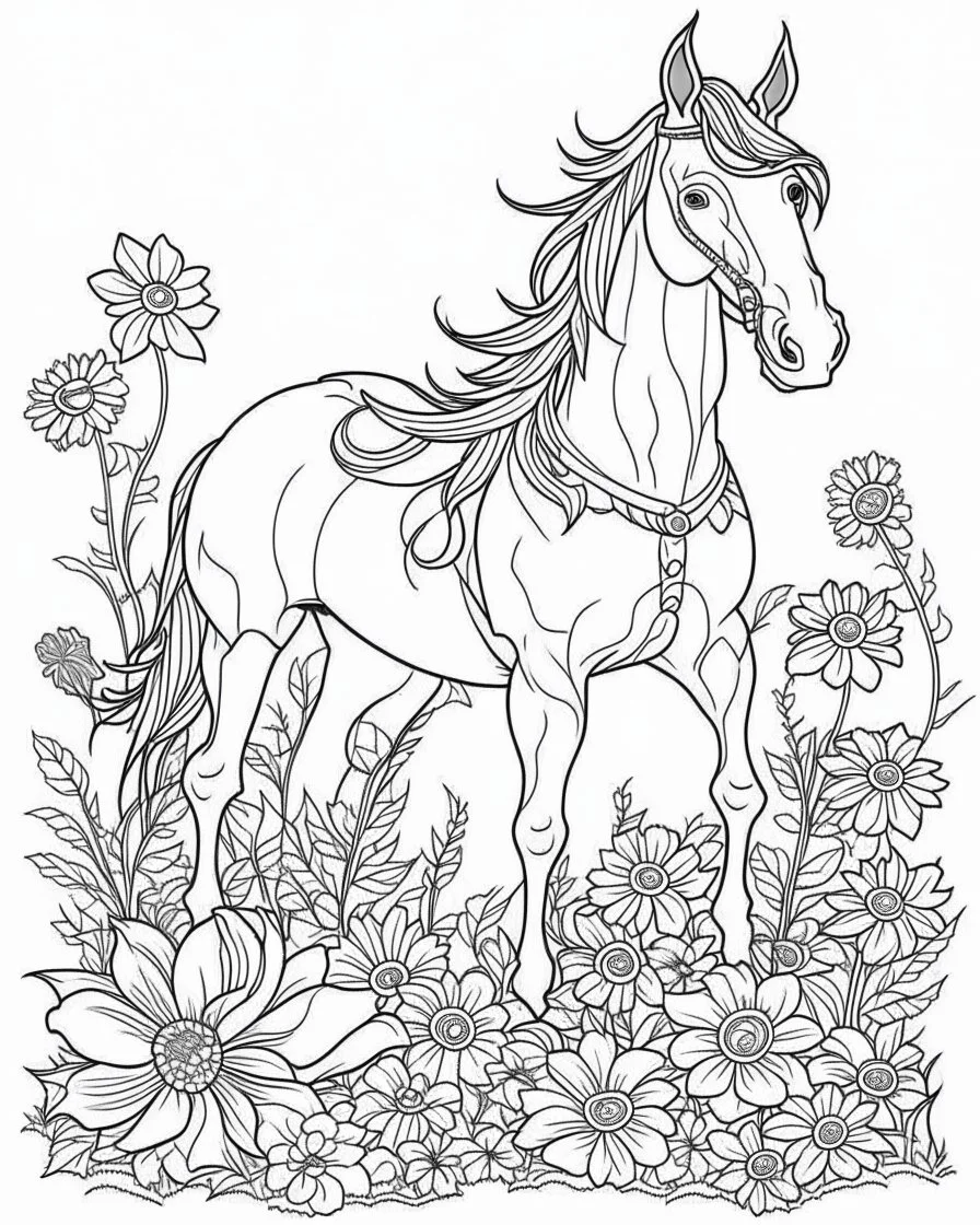 outline art for halloween coloring pages with horse and flowers, white background, Sketch style, full body, only use outline, clean line art, white background, no shadows and clear and well outlined, coloring page for kids, zombie