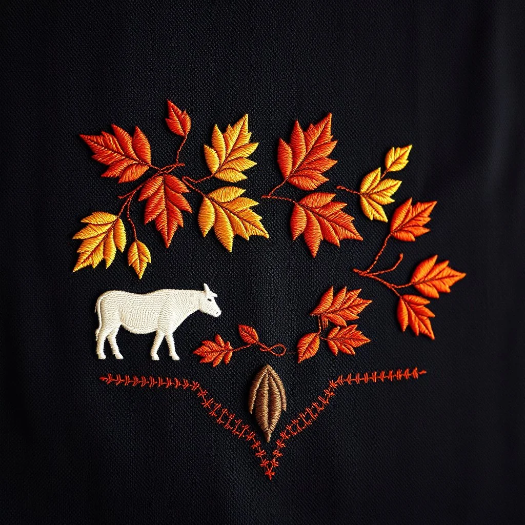 an autumn colored textured cloth embroidered ornamental leaves and cattle, pointed bottom, on dark background, Canadian western cowboy style