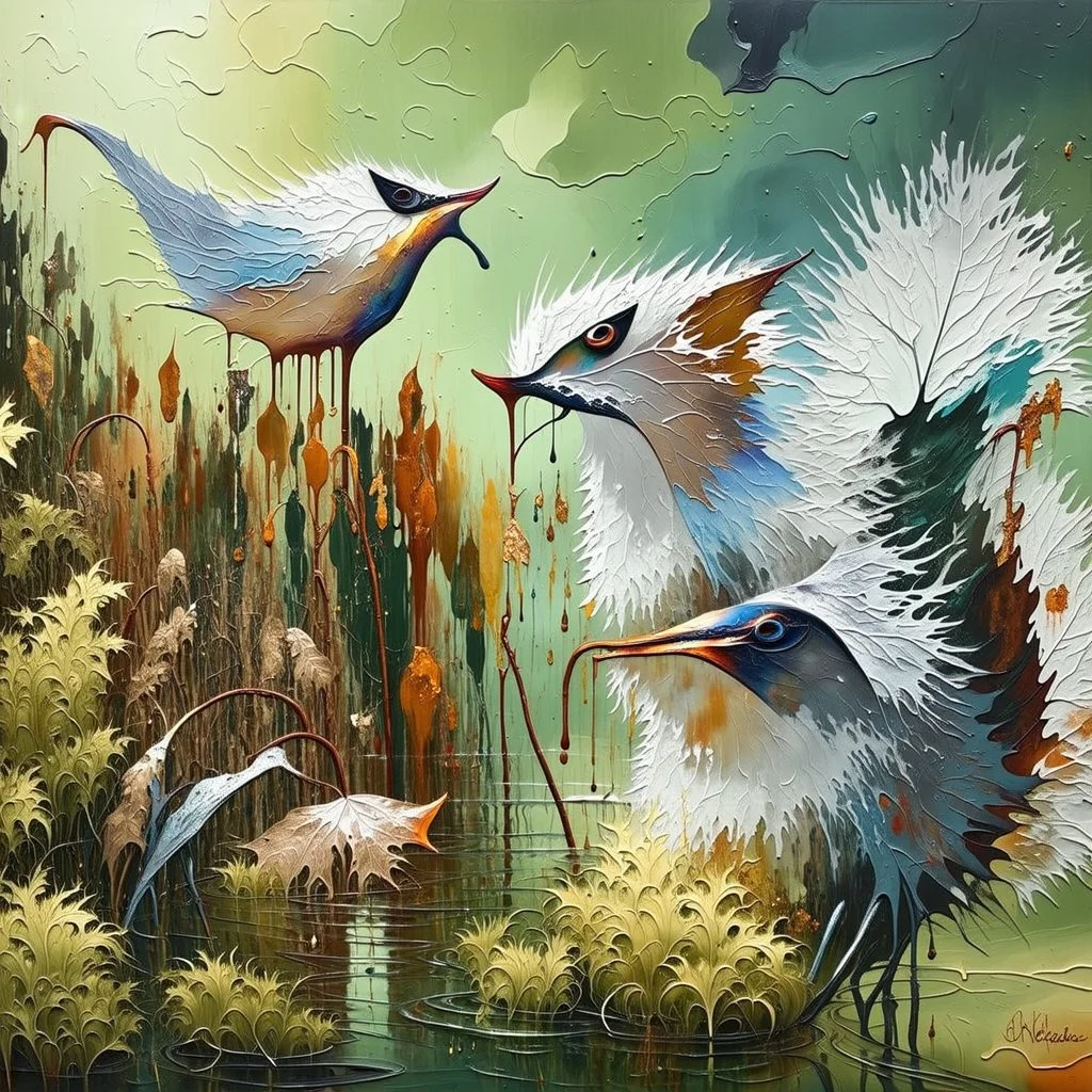 Grunge textured abstract impasto mixed media painting with dripping paint, fantastical otherworldly frozen winterscape with iridescent metallic colors, silver lines, by Andy Kehoe, Klimt, Joan Miro,Ton Dubbeldam, John Hoyland, Amanda Clarke. Reflective frozen pond, surrounded by whimsical, filigree, impressive frosted leaves standing tall on long stems; tendrils, grasses, cattails. Dramatic sky with stormy clouds. with mercury glass patina, glowing golden sparks, vibrant iridescent colours, psyc