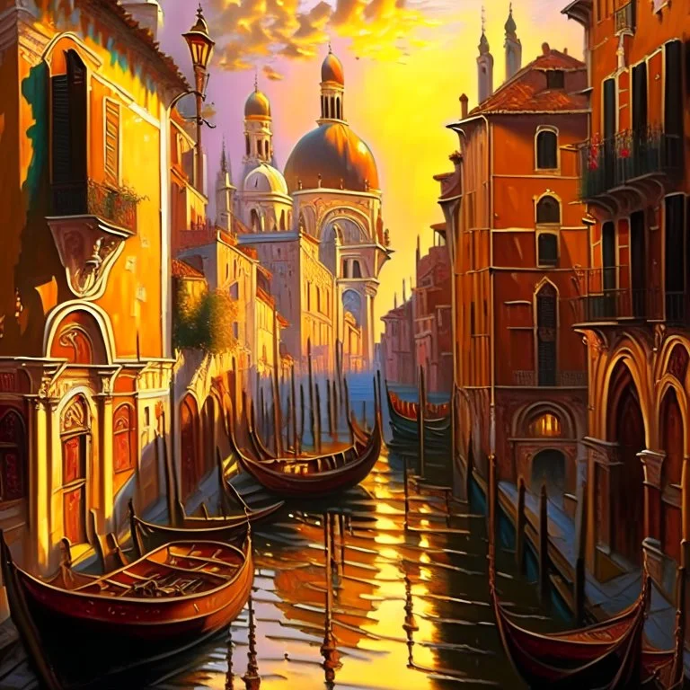 A realistic oil painting of medieval Venice, with intricate details of the architecture and streets, painted in the style of Jan van Eyck and Paul Cézanne, (long shot), warm golden lighting, vibrant colors, historical accuracy.