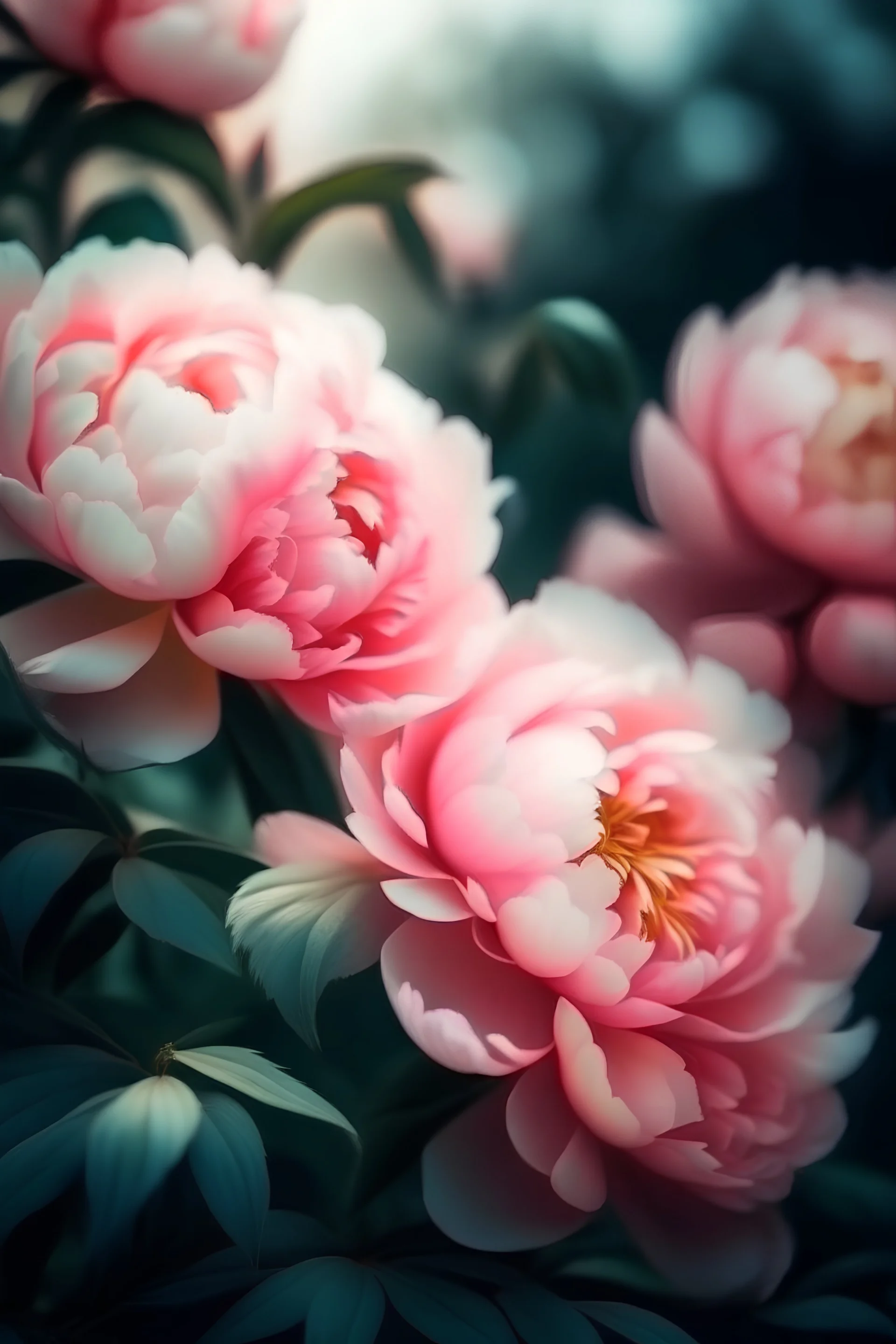 The flowers are pink delicate peony ...bush , English watercolor, hyperdetalization delicate pastel tones , hazy , mirage , haze , aesthetically pleasing, beautiful, bright lighting