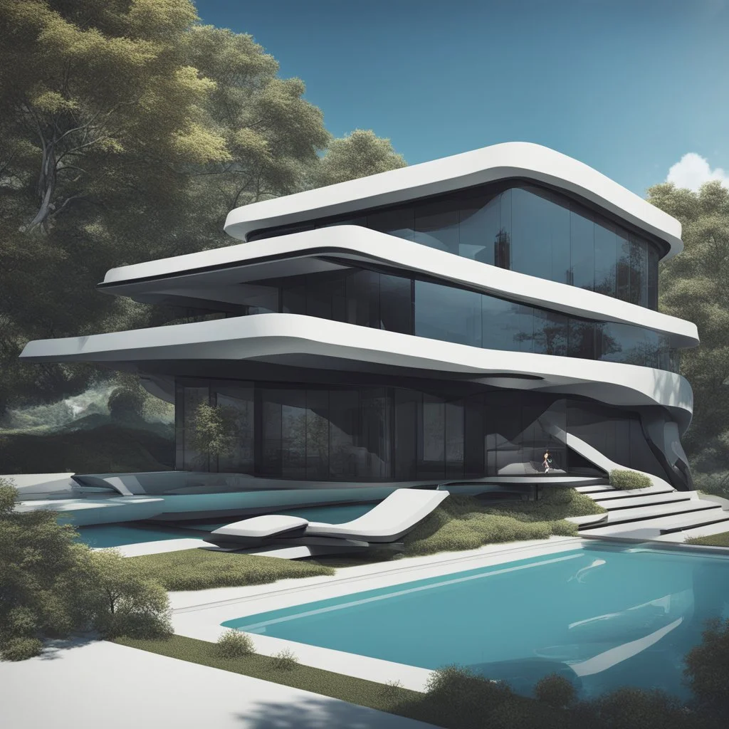 A modern country house, neofuturistic, retro anime art style, contrasting colors. Ultra quality, hyper detailed. By Zaha Hadid