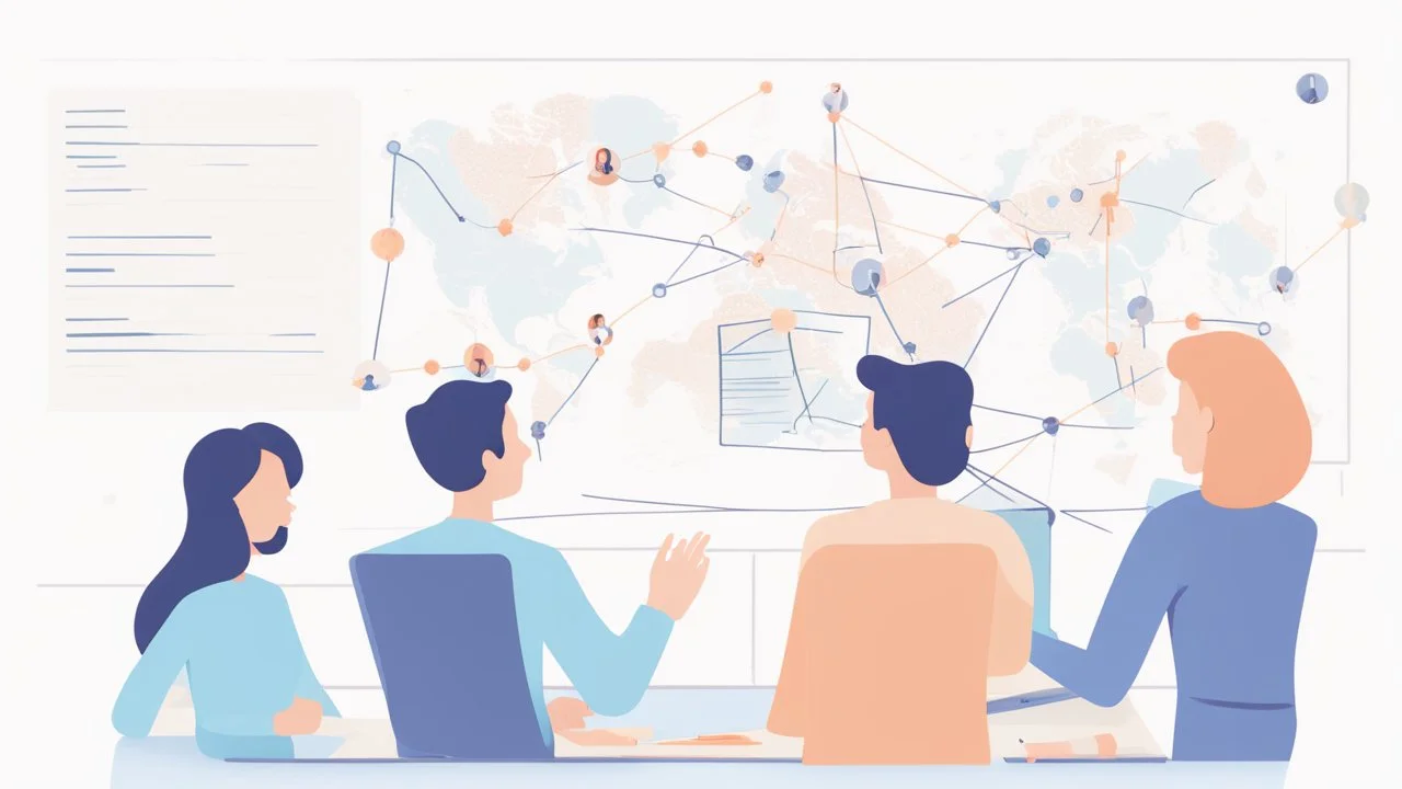 An image that conveys achieving success and skill development. The image depicts a group of individuals gathered in an inspiring teamwork session. They appear engaged in discussion and constructive exchange of ideas. In the background, a screen displays a chart or a conceptual map indicating various goals and pathways. Everyone appears enthusiastic and dedicated to collaborative work and continuous learning. The image reflects collaboration and a focus on achieving success through skill develop