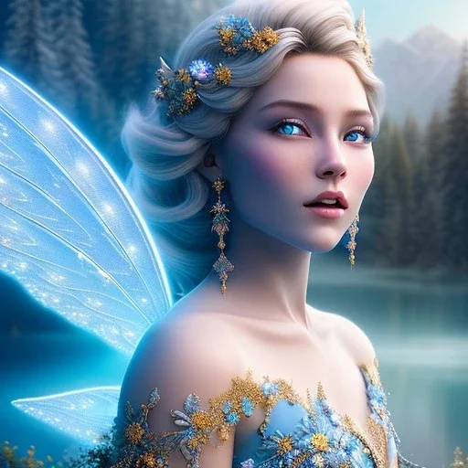 enlighten, light blue colors pastel, the whole body of a beautifull CHILD with happy smiling blond bright fairy with wings, blue eyes , crystals, blue gold dress, blue sky, flowers landscape all colors trees , , water river . mountains 8 K, fantasy